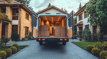 Obraz premium Moving truck parked in a residential driveway, with stacked furniture and neatly packed boxes in the open back, symbolizing home relocation services.