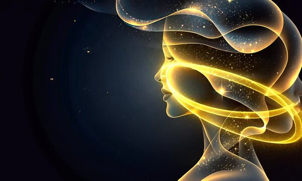 A creative illustration features a woman&rsquo;s profile with flowing hair, infused with glowing celestial elements against a dark backdrop