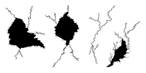 Hand drawn cracked wall, ground, glass, egg. doodle break set. vector illustration