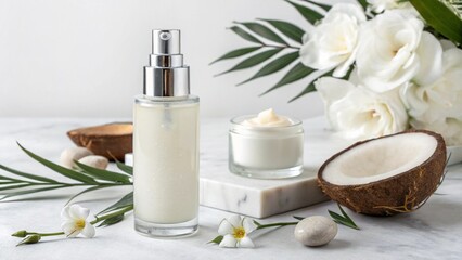 bottle of cream with dispenser, cosmetic facial skin care products. For advertising, poster, banner. Atmosphere - luxury, freshness, naturalness.