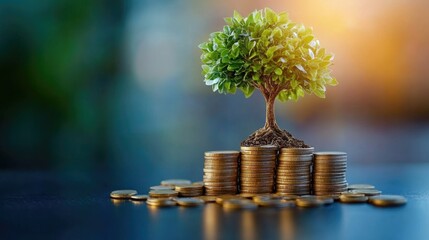 A small tree growing atop stacks of coins signifies financial growth, investment, and savings in a conceptual colorful background