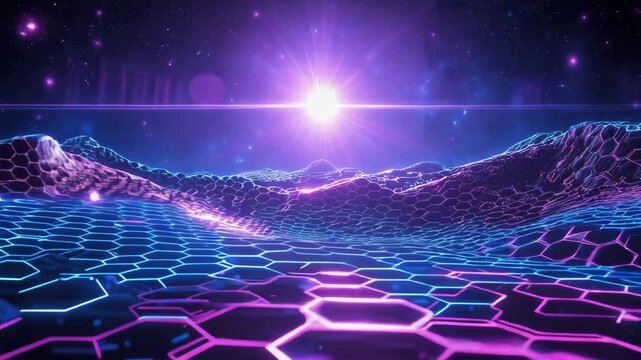 Glowing geometric honeycomb pattern forming futuristic alien landscape with mountains under starry sky with bright shining star and pink and blue neon lights