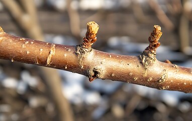 Close-up of a tree branch with buds in early spring.