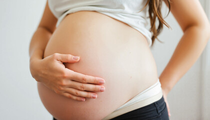 Expecting mother gently cradling her pregnant belly in stylish casual wear against dark background