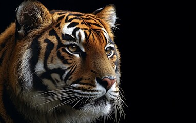 Fototapeta premium Close-up of a majestic tiger's head against a black background, showcasing its intense gaze and striking orange and black stripes.