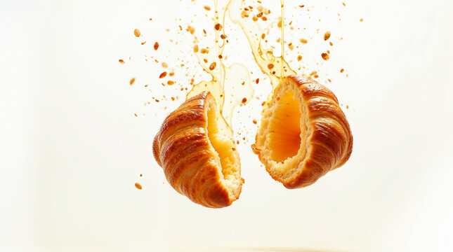Splash de croissant partido con salpicadura de miel y migas en el aire