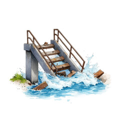 Watercolor of Collapsed Bridge Over Rushing River