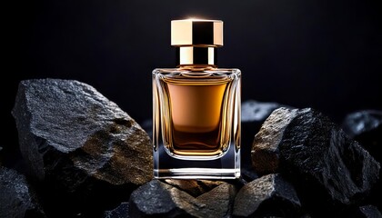 Premium perfume bottle on black obsidian rock background