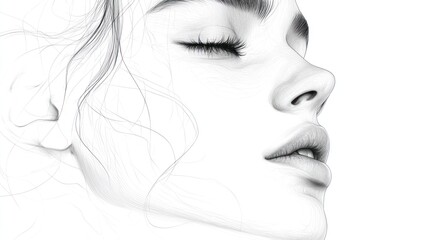 Fototapeta premium Serene woman's profile, grayscale illustration, closed eyes, soft features, elegant lines, minimalist style.