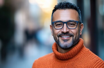 Fototapeta premium Smiling Man in Vibrant Orange Sweater Posing Outdoors in the City with a Soft Blurred Background and Warm Sunshine Lighting Creating a Lively Atmosphere