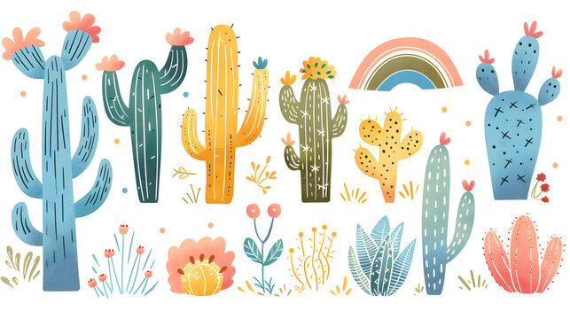 Watercolor illustration, desert. cacti, warm colors