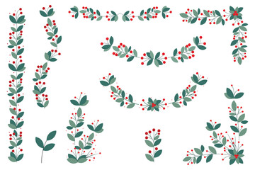 Set Of Red Cherry Berries And Green Leaves Garland Decorations