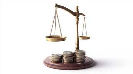 Scales of Justice with Coins on a White Background