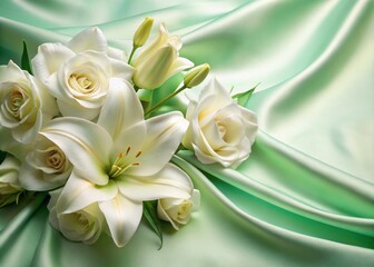 Fototapeta premium Elegant Wedding Invitation Design: Soft White Flowers on Green Silk, Worm's Eye View - Luxury Botanical Wedding Stationery