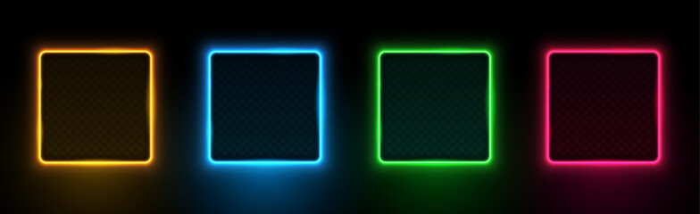 Collection of neon glowing square frames. Glowing frame. Orange, blue, green and red LED fluorescent lasers isolated on black background. Vector illustration.