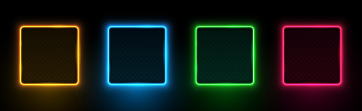 Collection of neon glowing square frames. Glowing frame. Orange, blue, green and red LED fluorescent lasers isolated on black background. Vector illustration.