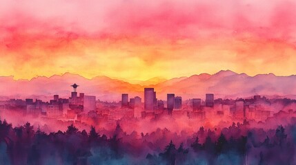 Fototapeta premium Watercolor city skyline at sunset, misty mountains.
