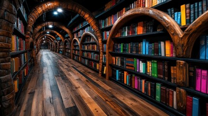 A striking library corridor adorned with vibrant books, showcasing the beauty of literature and inviting readers into an immersive world of knowledge and imagination.