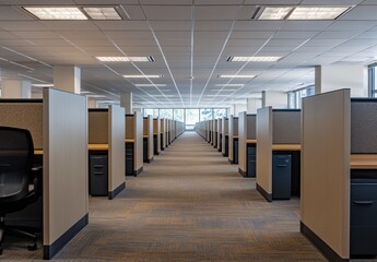 Naklejka premium Spacious and Modern Office Layout Featuring Rows of Cubicles and Natural Lighting, Ideal for Corporate Environments and Remote Workspaces