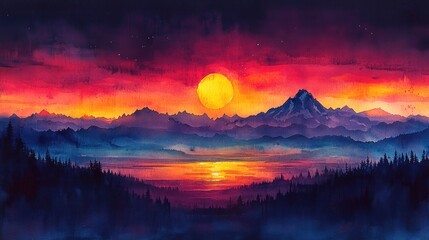 Vibrant sunset over misty mountain lake.