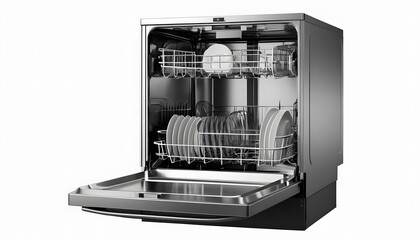 Open Stainless Steel Dishwasher with Dishes Ready for Cleaning