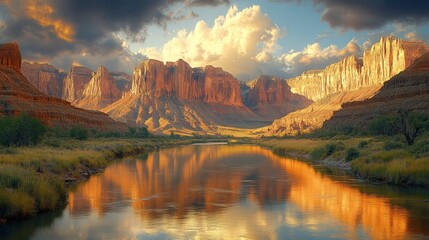Fototapeta premium Calm river reflecting sunset canyon landscape.