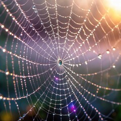 Fototapeta premium Delicate spider web adorned with dew drops glistens in morning light in a serene garden setting