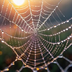 Morning sunlight illuminates a spider web adorned with dew drops in a tranquil outdoor setting