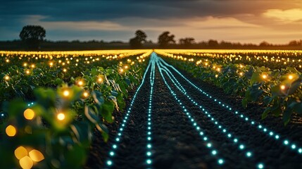 Smart farm night digital grid overlay enhancing crop rows showing how advanced tech like IoT devices sensors enables farmers to monitor optimize crop growth 24/7 better yields
