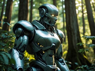 Fototapeta premium Robot explorer standing among tall trees in a sunlit forest showcasing advanced technology and nature's beauty
