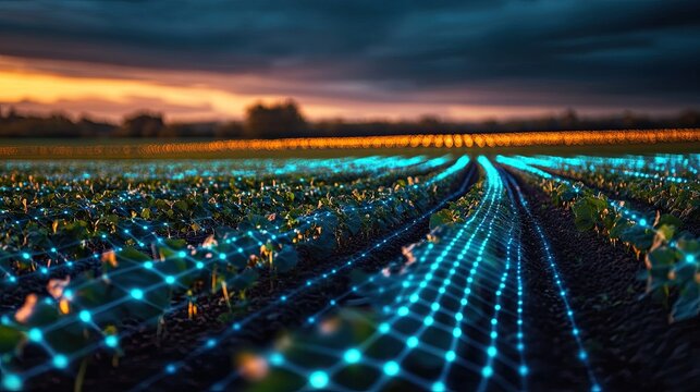 Smart farm night digital grid overlay enhancing crop rows showing how advanced tech like IoT devices sensors enables farmers to monitor optimize crop growth 24/7 better yields - Powered by Adobe