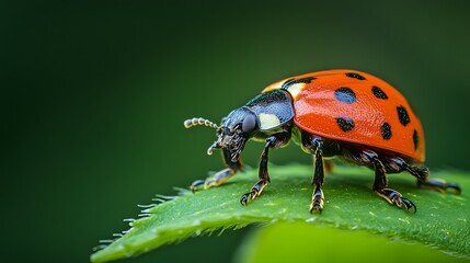 Fototapeta premium Close-up of a ladybug on a green leaf.