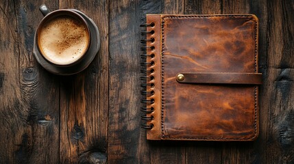 Blank paper, leather notebook, and a coffee cup on a rustic wooden table, creating a cozy, productive atmosphere for creative work.