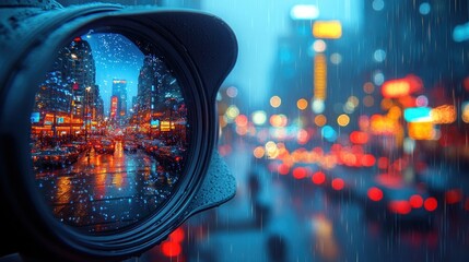 Rain-streaked lens reflecting city lights at night.