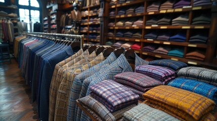 Men's clothing store interior with suits, jackets, and sweaters on display.