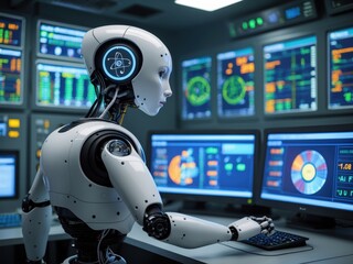 Futuristic robot analyzing data in a high-tech control room with multiple screens displaying various statistics and metrics