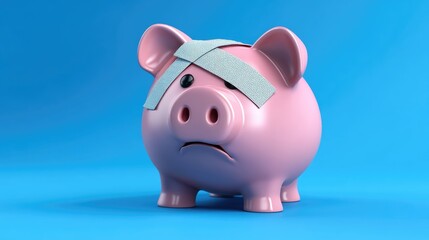 Sad broken piggy bank with adhesive bandage isolated on a blue background with copy space – economy, finance, savings, crisis, problem, bankruptcy, expense, debt, frugality, loss, recovery concept