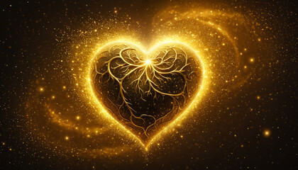 golden heart with intricate veins surrounded by luminous particles on a black background