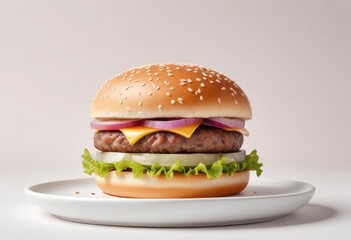 The delicious burger is viewed from above, isolated on a white background.