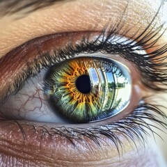 Detailed close-up of a human eye with reflective iris patterns