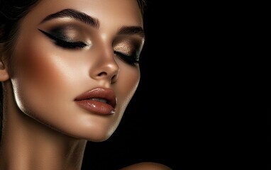 Close-up portrait of a glamorous model with smoky eye makeup, soft light illuminating her face on a solid black backdrop