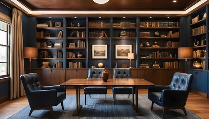 Luxurious Home Library Interior Design with Dark Blue Walls and Wooden Bookshelves