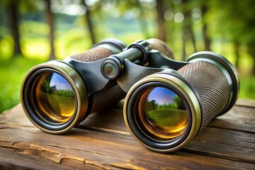 vintage style binoculars resting on a rock overlooking lush valleys and rolling hills under a clear sky wallpaper background - Powered by Adobe