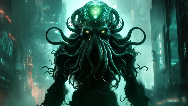 Cthulhu, the monstrous cosmic entity, rising from the depths to unleash chaos upon a futuristic cyberpunk city, its tentacles writhing among neon lights and skyscrapers