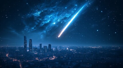 Meteor shower over a city at night.