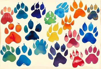 Fototapeta premium Colorful paw prints arranged in a vibrant and playful pattern on a light background