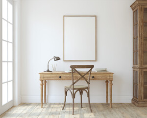 Romantic interior of home office. Poster mockup. 3d render.