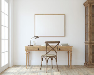 Romantic interior of home office. Poster mockup. 3d render.