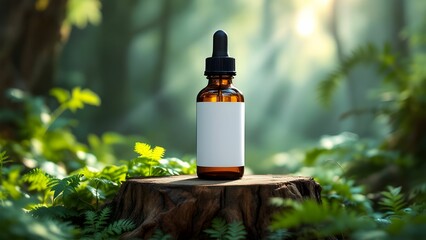 Dropper bottle mockup on a gnarled wooden stump, surrounded by vibrant green ferns and leaves in a mystical forest