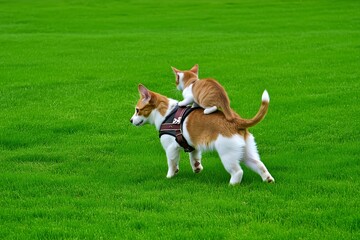 Playful dog and cat duo in green field action shot natural environment fun scene
